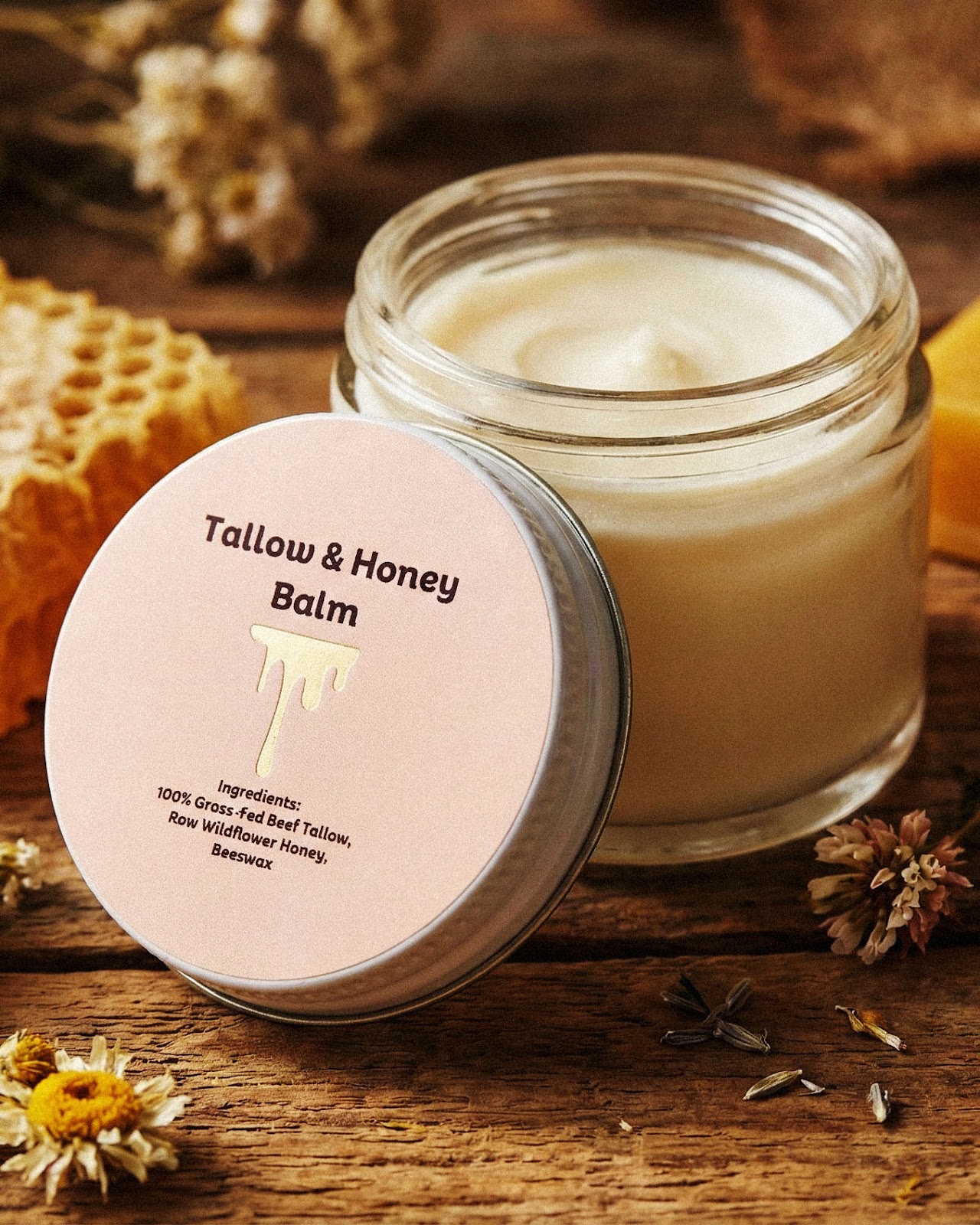 Warm editorial product-photography concept featuring a small-batch wellness container and natural textures