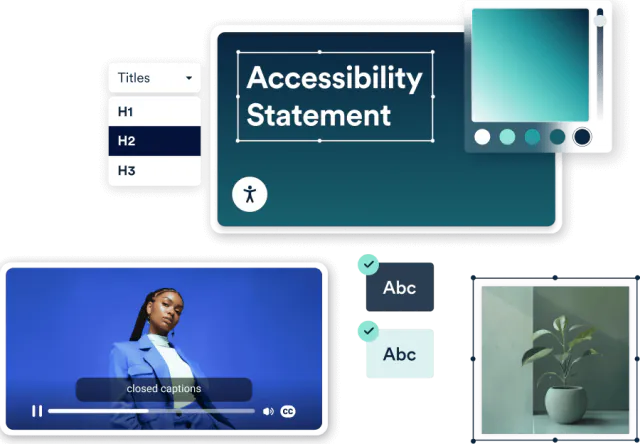 Illustration of website accessibility work: an accessibility statement, heading levels, color choices, text contrast, and a captioned video