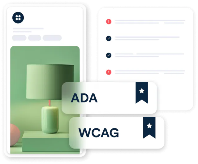 accessiBe illustration of a product page beside a checklist, with ADA and WCAG labels on star ribbons