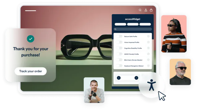 accessiBe illustration of accessWidget on an example shopping site, with profiles including Vision Impaired, ADHD Friendly, and Keyboard Navigation