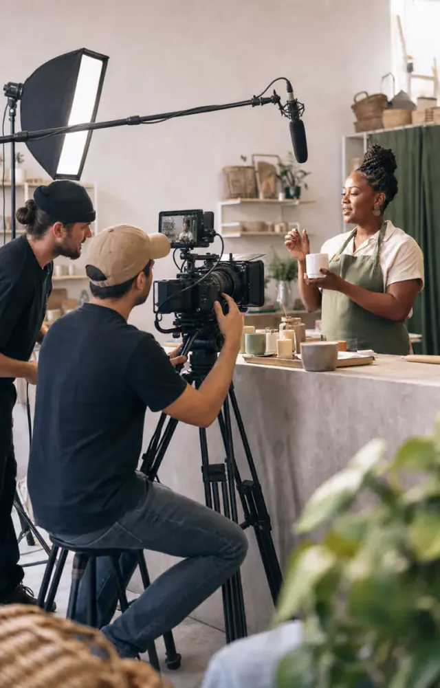 Professional camera operator filming a small-business owner while she demonstrates her product