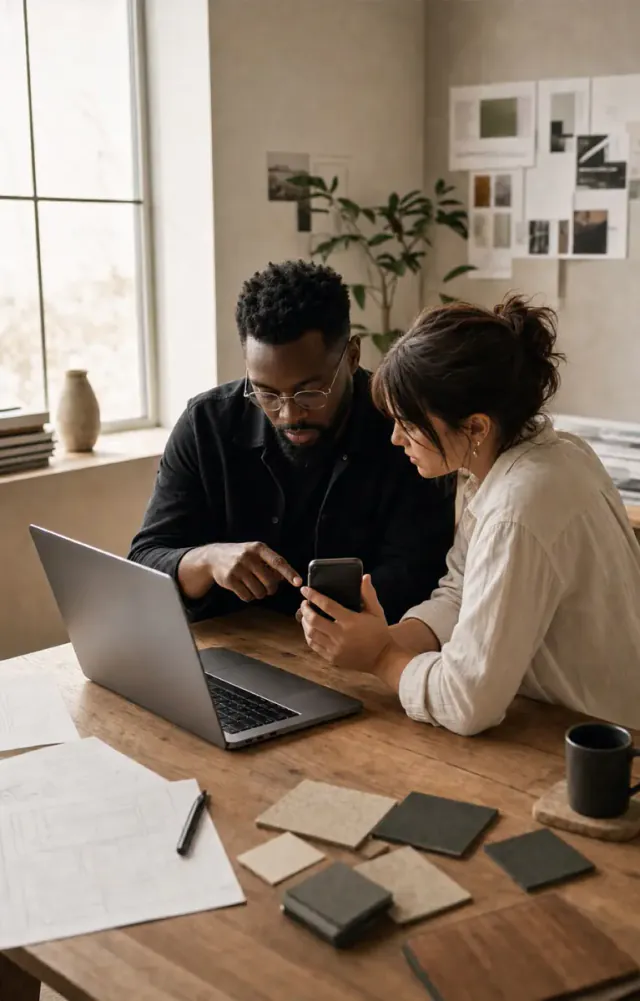 Designer and business owner reviewing the same website experience on a laptop and mobile phone