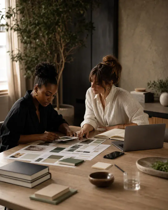 Business owner and strategist comparing website, message, and brand notes during a planning session