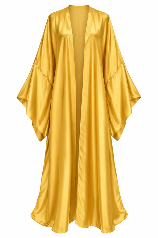 Luxeisle Shimmer Luxe Kimono Gold shown as an isolated full-length garment