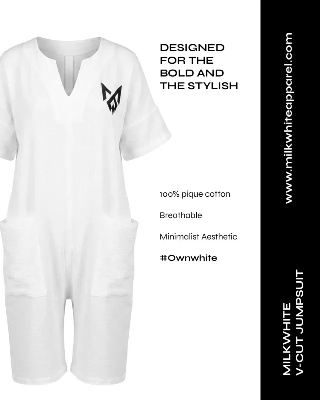White MilkWhite V-Cut Jumpsuit in a portrait campaign layout with product details and a black information panel